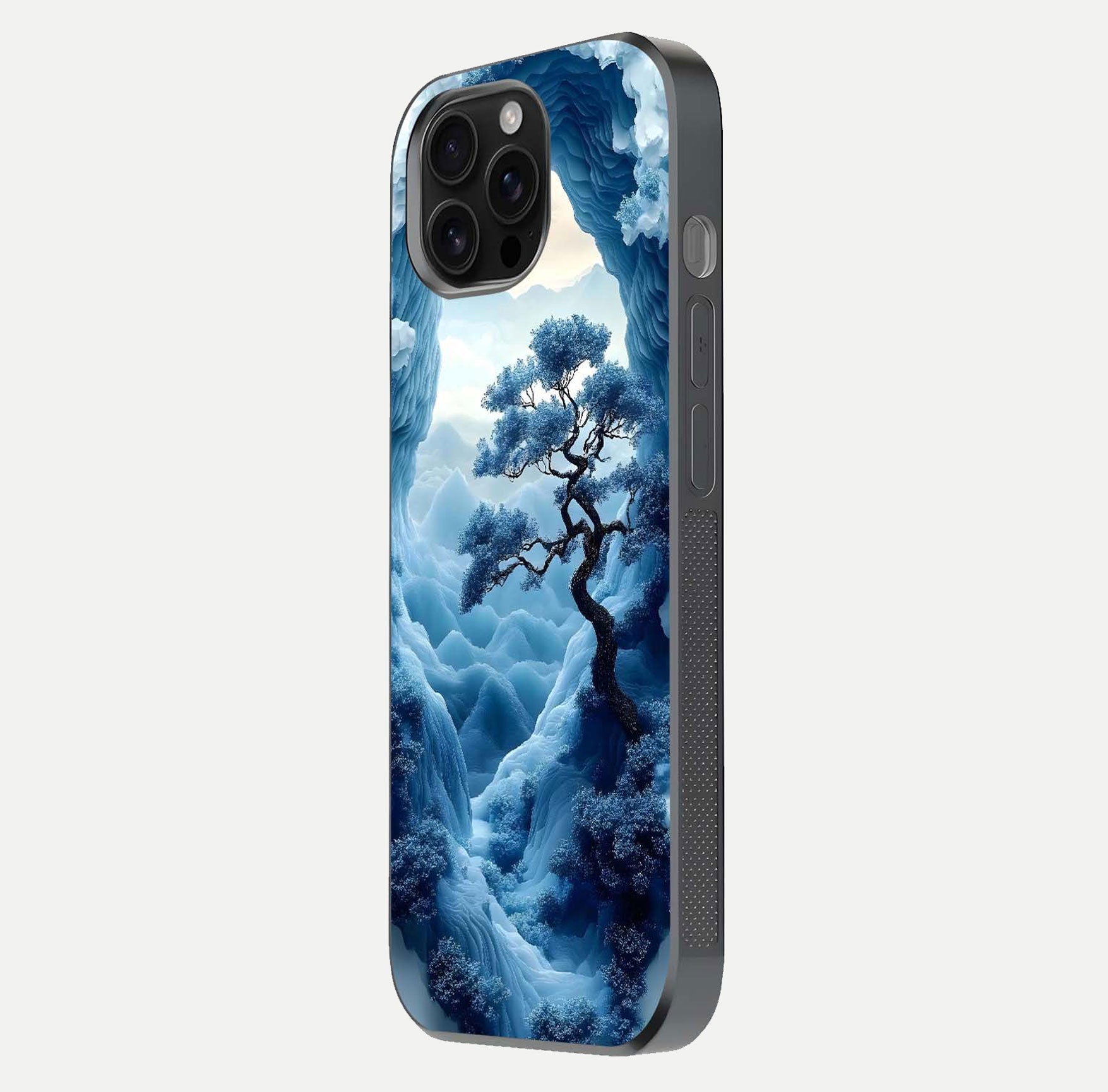 Frozen Serenity Gate Glass Case for iPhone 16 Pro Max side-angle photo showing reflective surface and cold tones