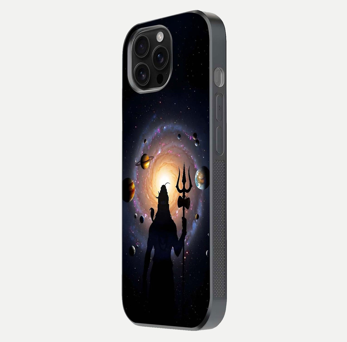 Galactic Shiva Vision Glass Case for iPhone 16 Pro Max side-angle image showing light reflection, glass edges, and spiritual cosmic theme
