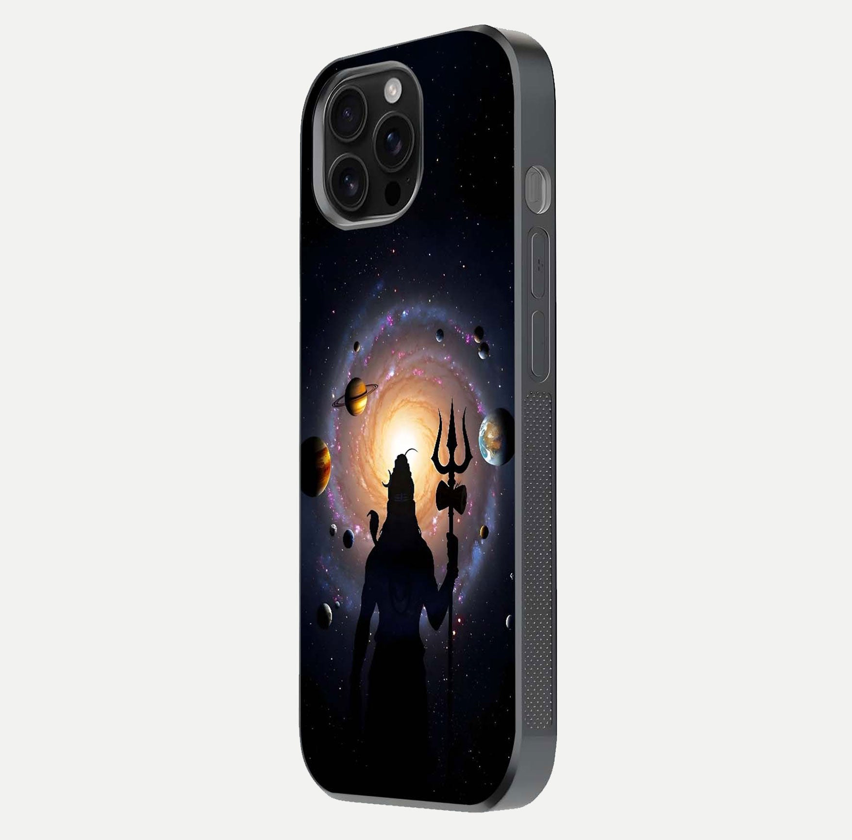 Galactic Shiva Vision Glass Case for iPhone 16 Pro Max side-angle image showing light reflection, glass edges, and spiritual cosmic theme