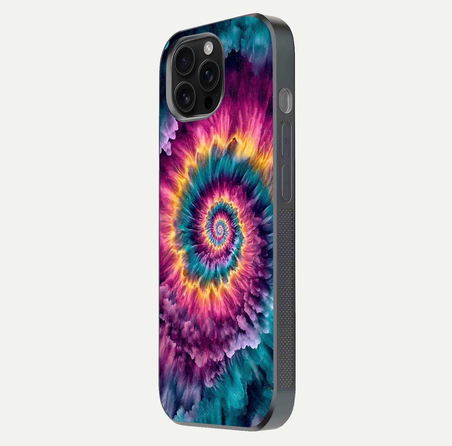 Galactic Spiral Burst Glass Case for iPhone 16 Pro Max side-angle image showing reflection clarity and vivid galactic texture