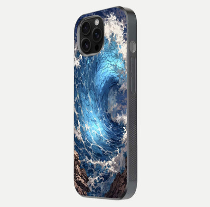 Giant Ocean Wave Glass Case for iPhone 16 Pro Max side-angle image showing light reflection and ocean detail