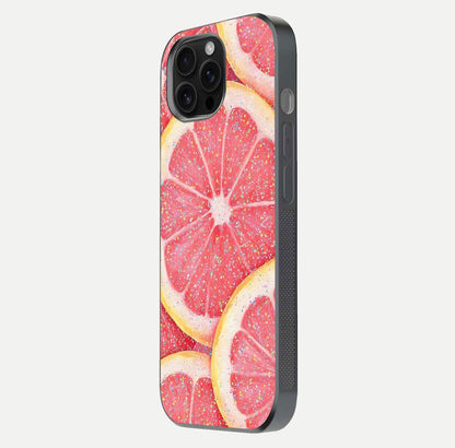 Glitter Grapefruit Glass Case for iPhone 16 Pro Max side-angle image showing reflection glow and polished edges