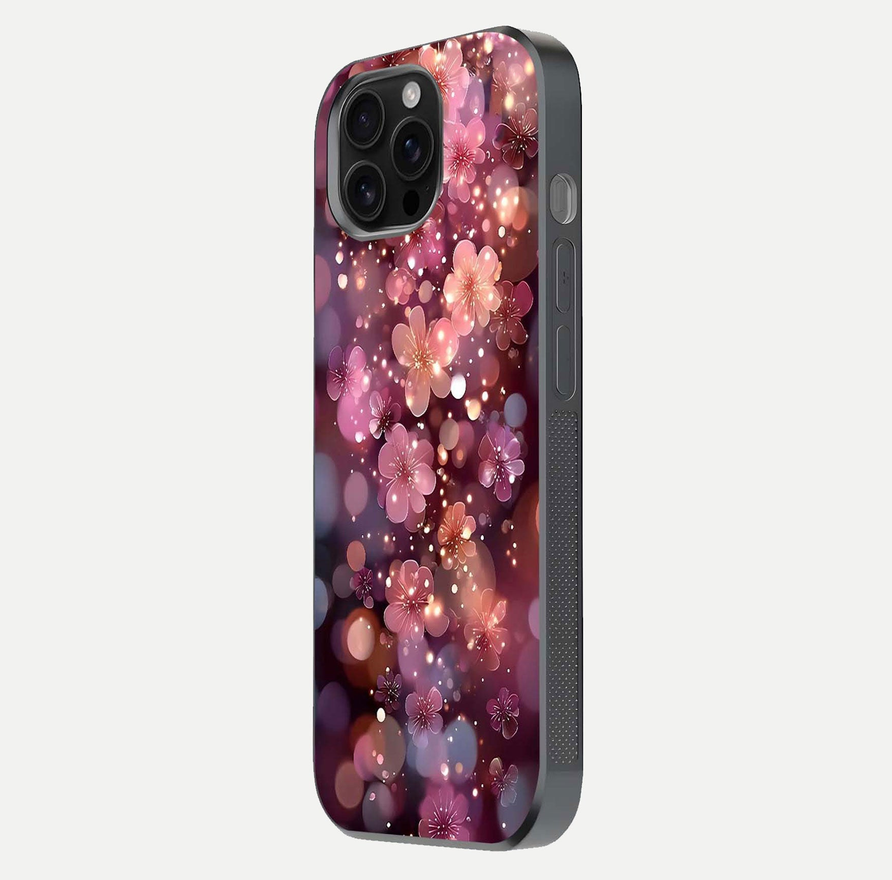 Glowing Petal Bliss Glass Case for iPhone 16 Pro Max side-angle image showing light reflection and soft floral texture