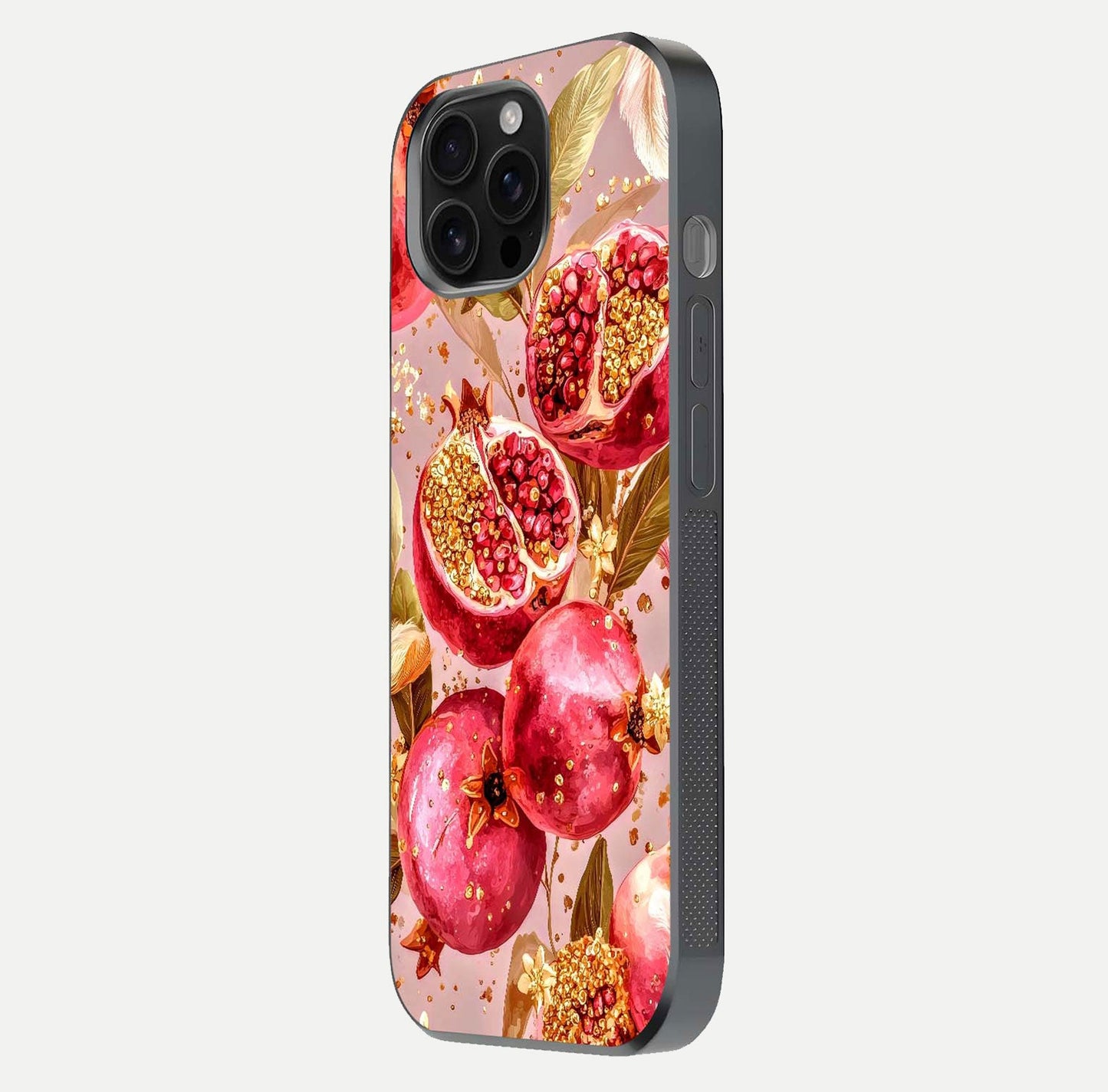 Golden Bloom Glow Glass Case for iPhone 16 Pro Max side-angle image showing light reflection, gloss texture, and rich tone