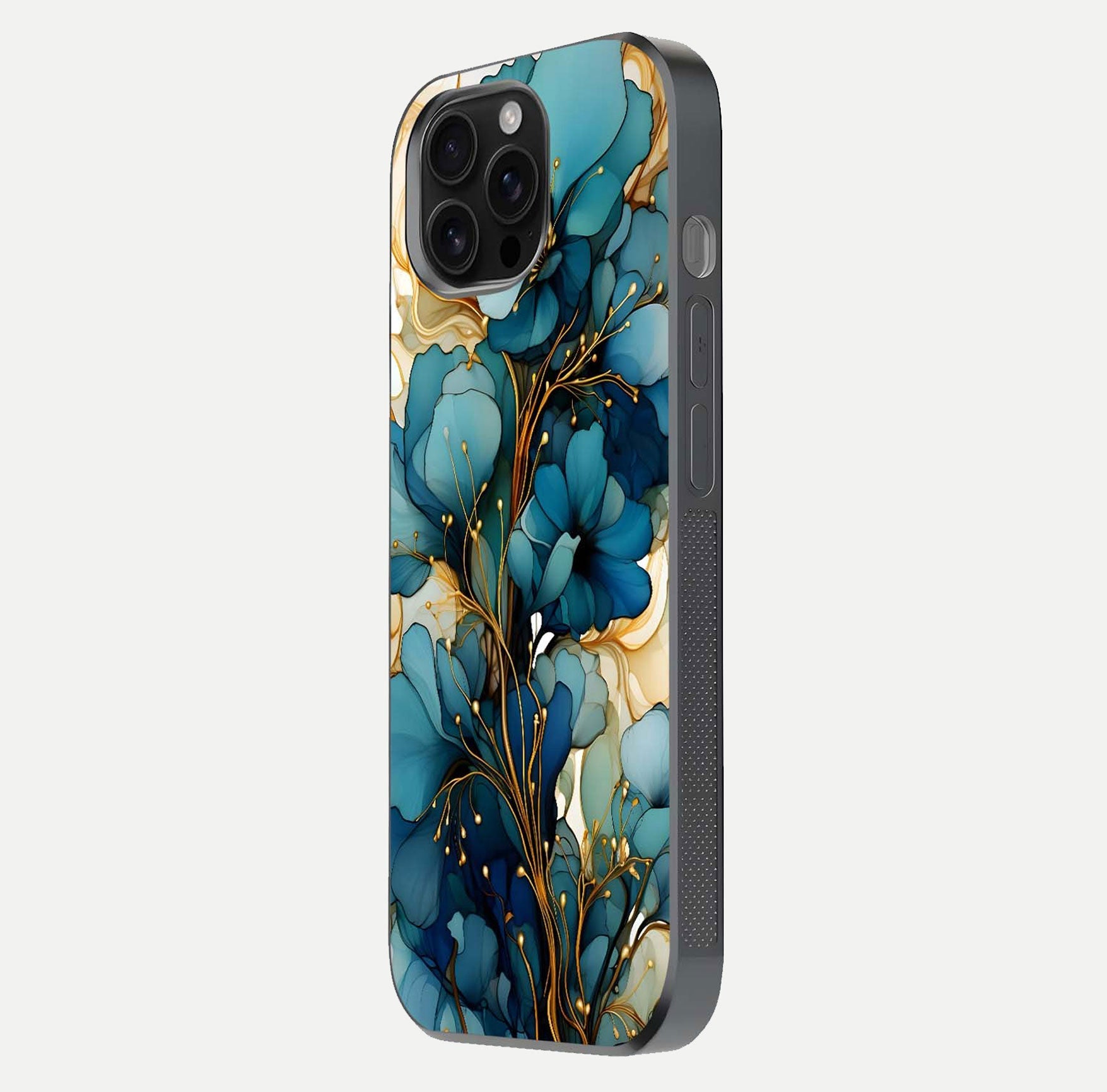 Golden Bloom Symphony Glass Case for iPhone 16 Pro Max side-angle image showing golden glow, light reflection, and premium surface