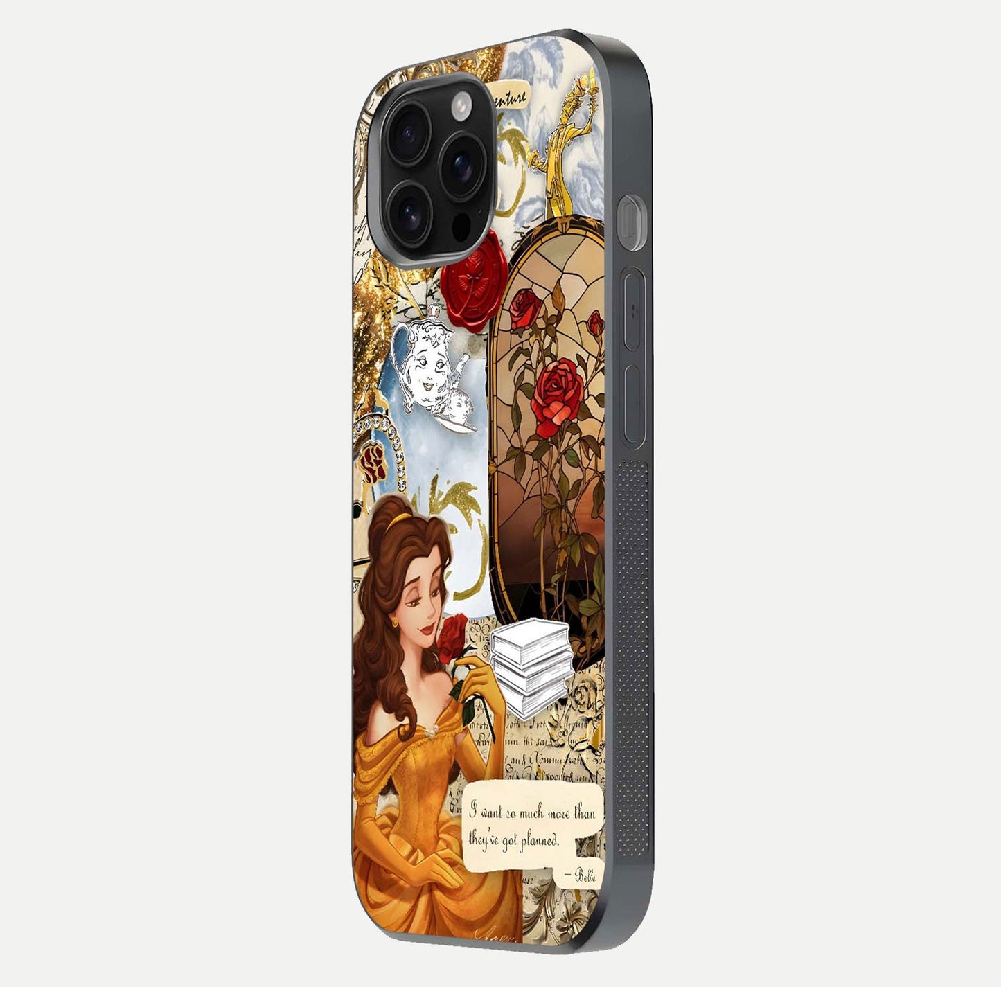 Golden Dream Belle Glass Case for iPhone 16 Pro Max side-angle image showing reflective edges and premium golden tint