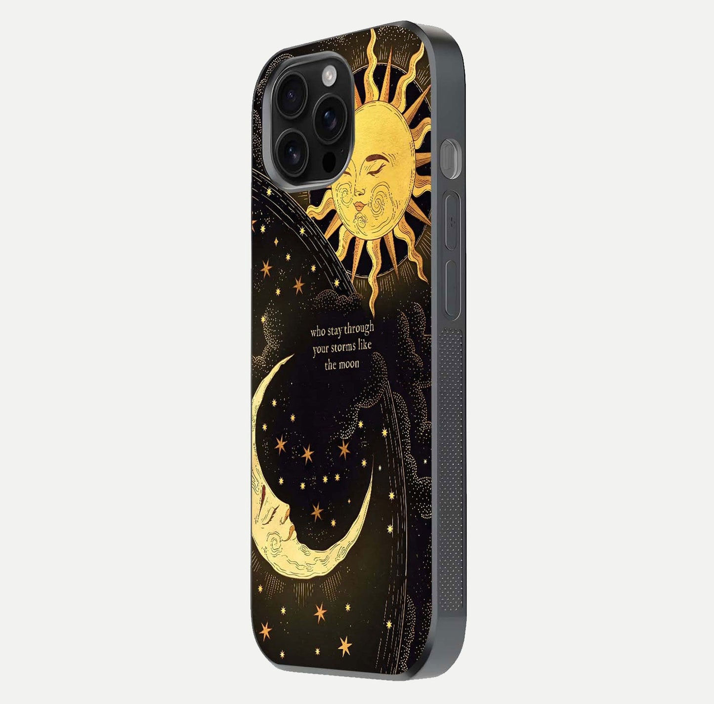 Golden Lunar Love Glass Case for iPhone 16 Pro Max side-angle image showing reflection brilliance and smooth golden tone