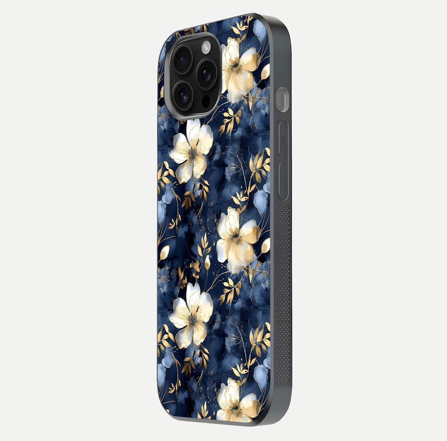 Golden Midnight Bloom Glass Case for iPhone 16 Pro Max side-angle image showing shine depth and elegant edge design