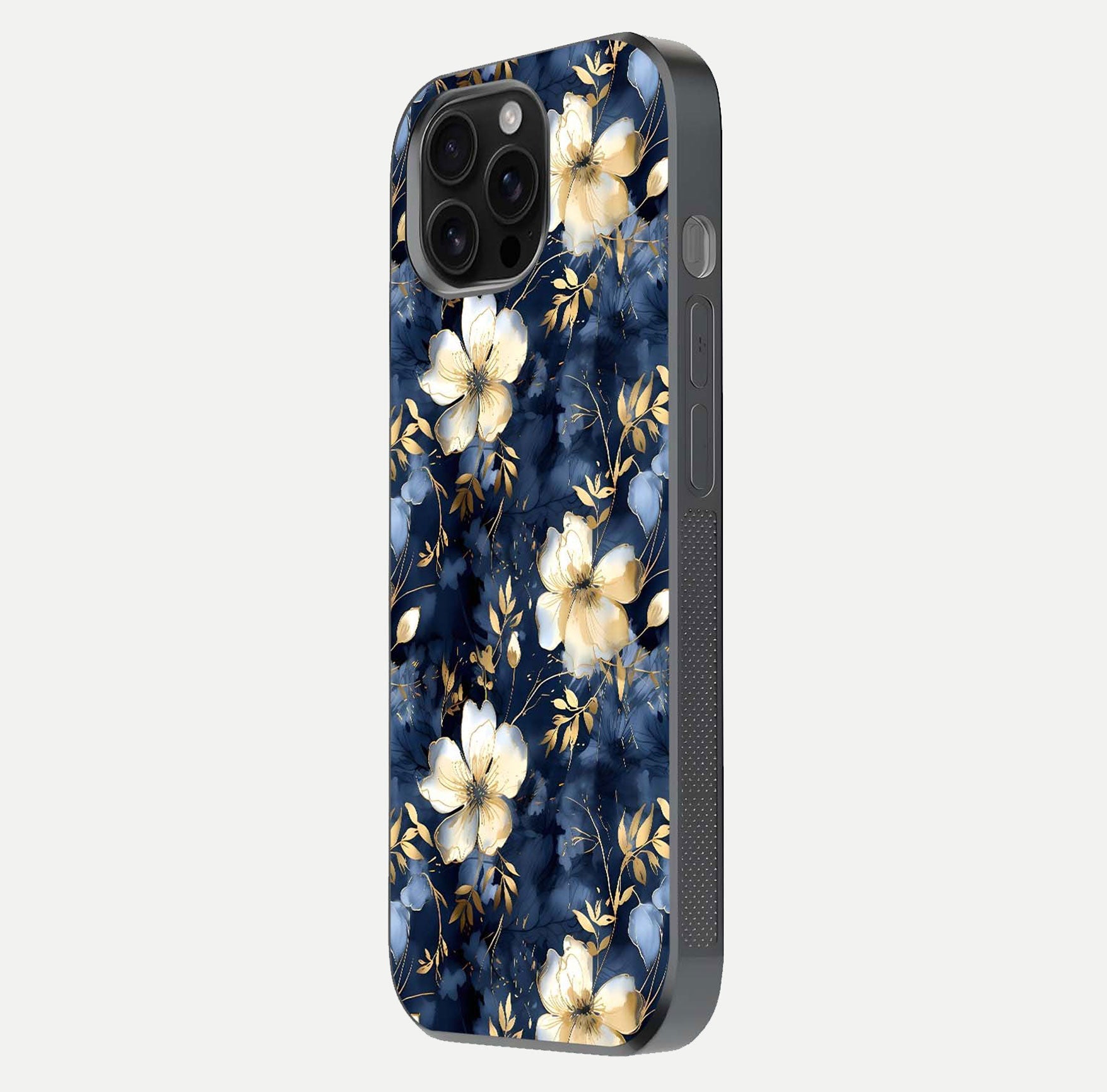 Golden Midnight Bloom Glass Case for iPhone 16 Pro Max side-angle image showing shine depth and elegant edge design
