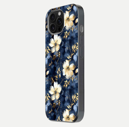 Golden Midnight Bloom Glass Case for iPhone 16 Pro Max side-angle image showing shine depth and elegant edge design