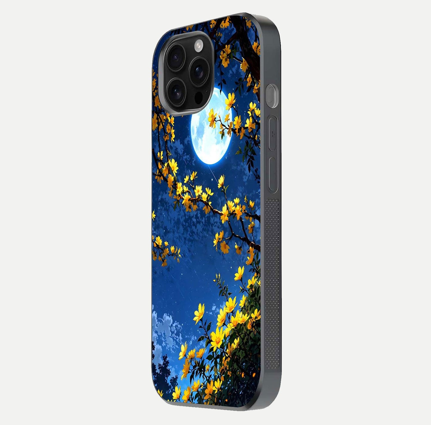 Golden Night Glow Glass Case for iPhone 16 Pro Max side-angle image showing reflection clarity and elegant golden tone