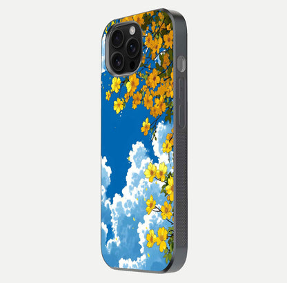 Golden Petal Sky Glass Case for iPhone 16 Pro Max side-angle image showing reflection depth and metallic floral tones