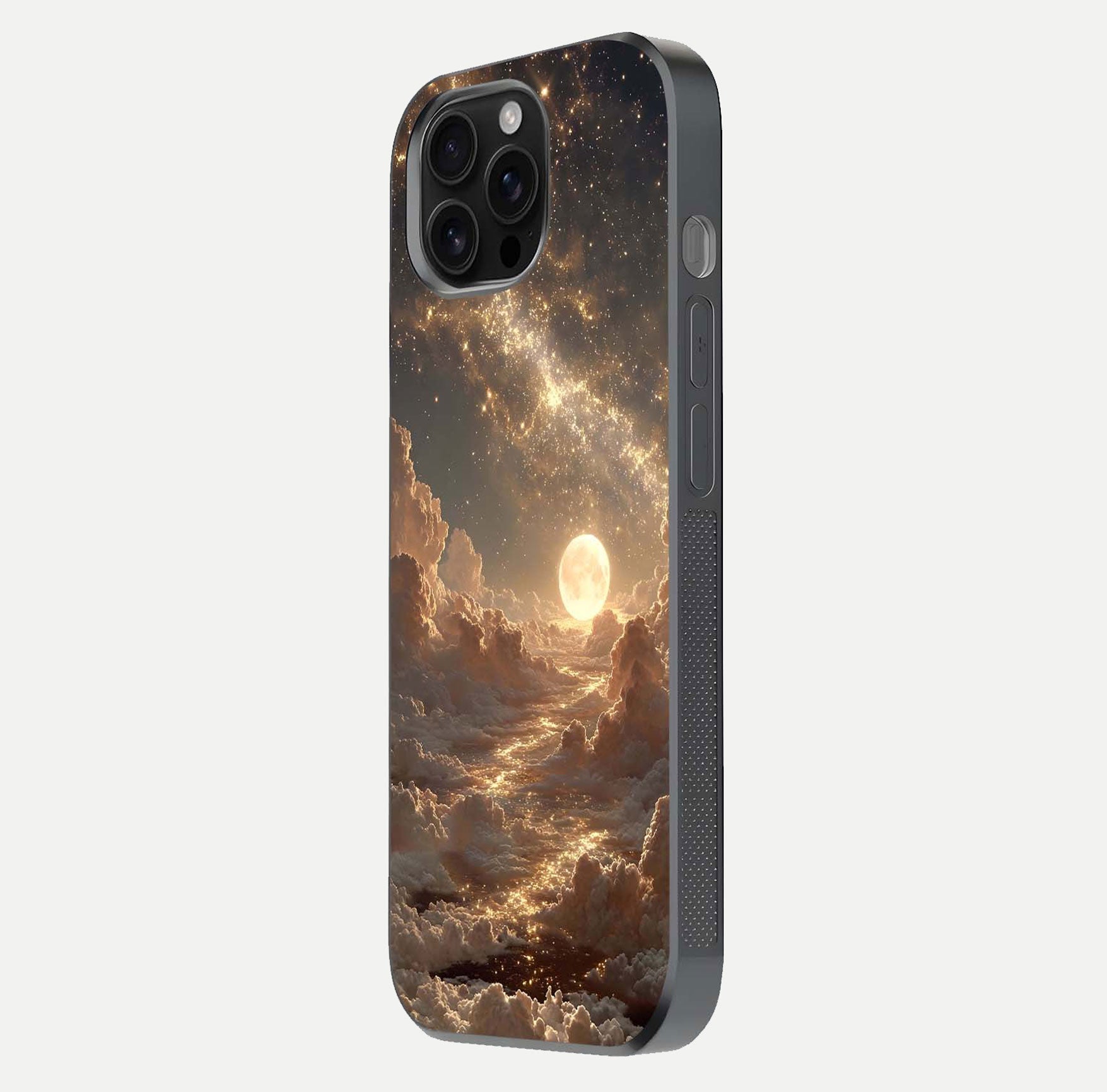 Golden Sky Dream Glass Case for iPhone 16 Pro Max side-angle image showing reflection shine and smooth surface
