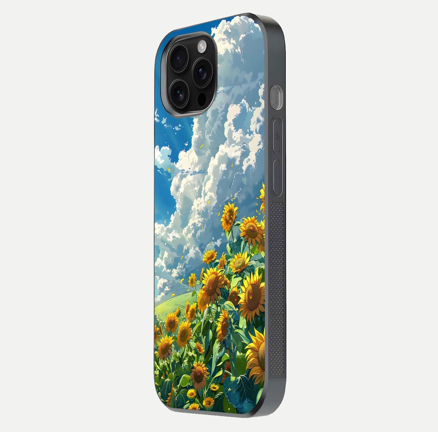 Golden Sun Glory Glass Case for iPhone 16 Pro Max side-angle image showing reflection glow and luminous texture