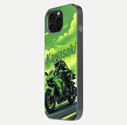 Green Kawasaki Glass Case for iPhone 16 Pro Max side-angle image showing reflection depth and metallic green accent