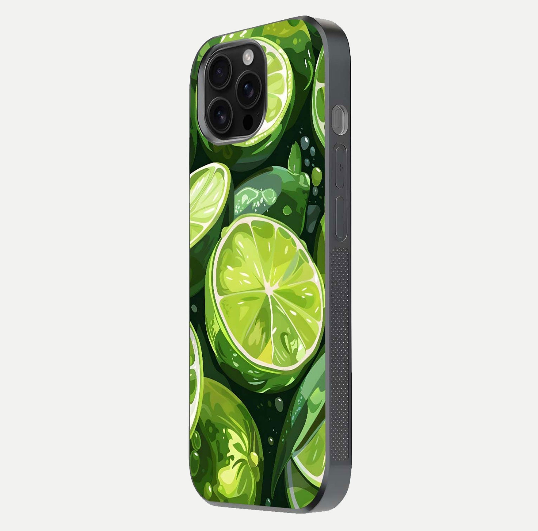 Green Lemon Glass Case for iPhone 16 Pro Max side-angle image showing reflection glow and juicy color tones
