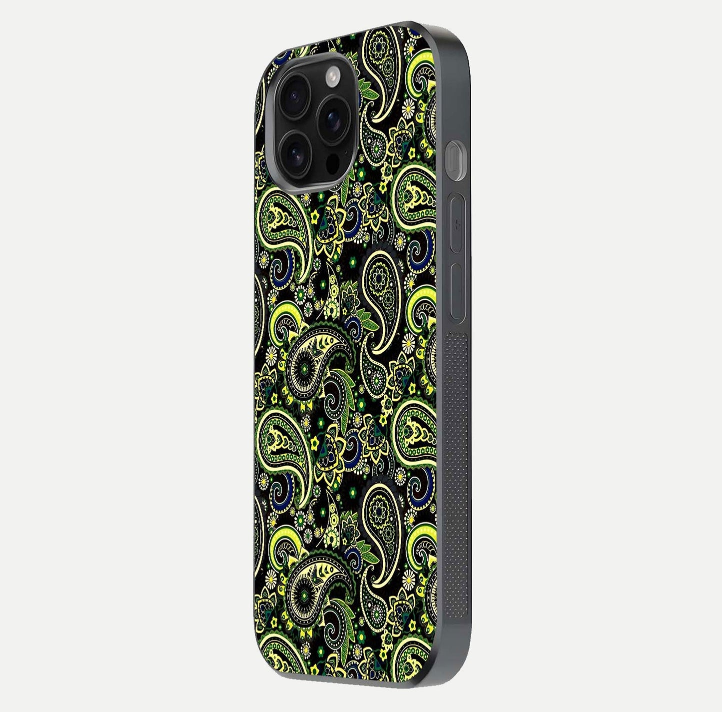 Green Mandala Pattern Glass Case for iPhone 16 Pro Max side-angle image showing reflection clarity and detailed pattern lines