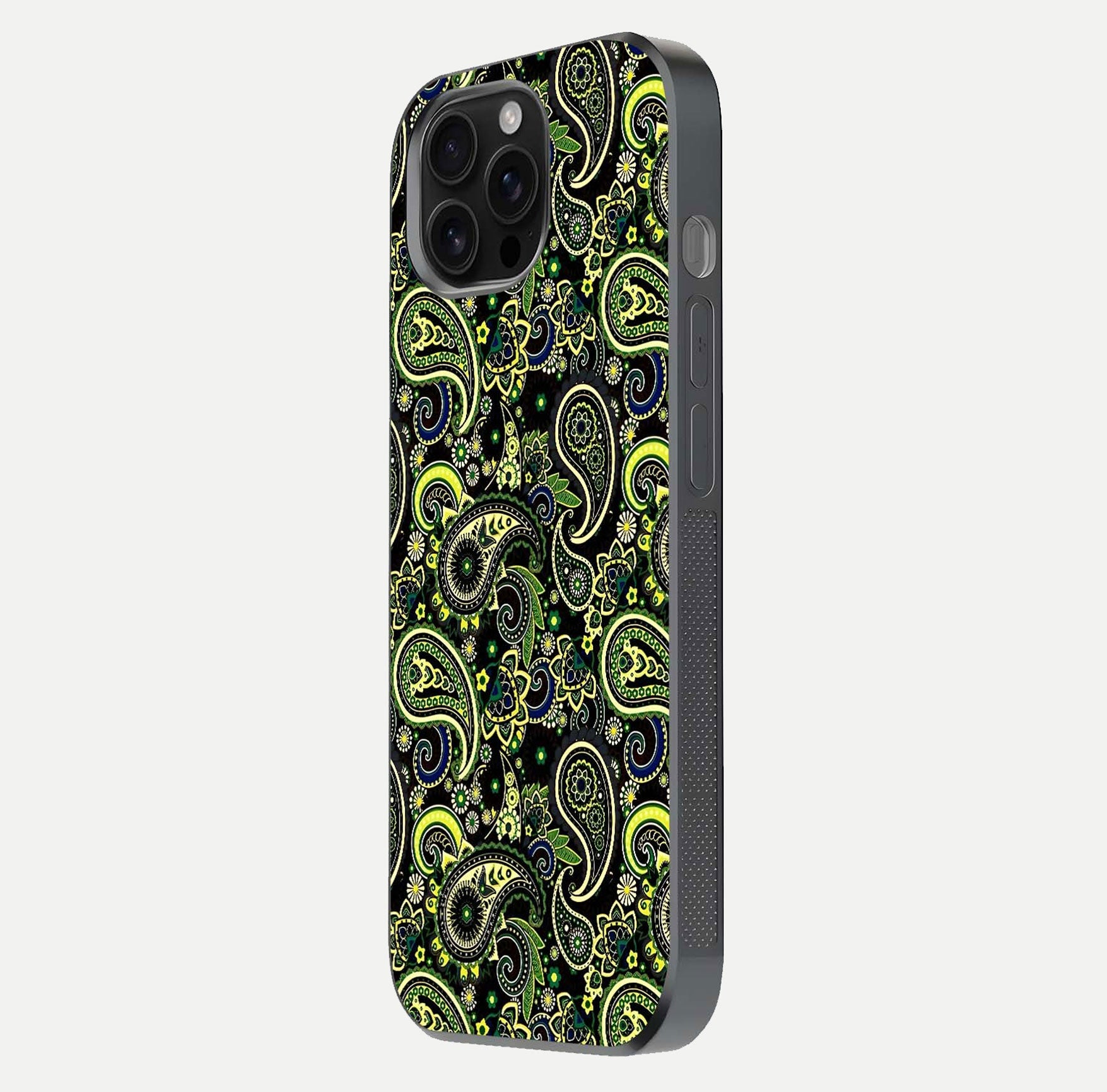Green Mandala Pattern Glass Case for iPhone 16 Pro Max side-angle image showing reflection clarity and detailed pattern lines