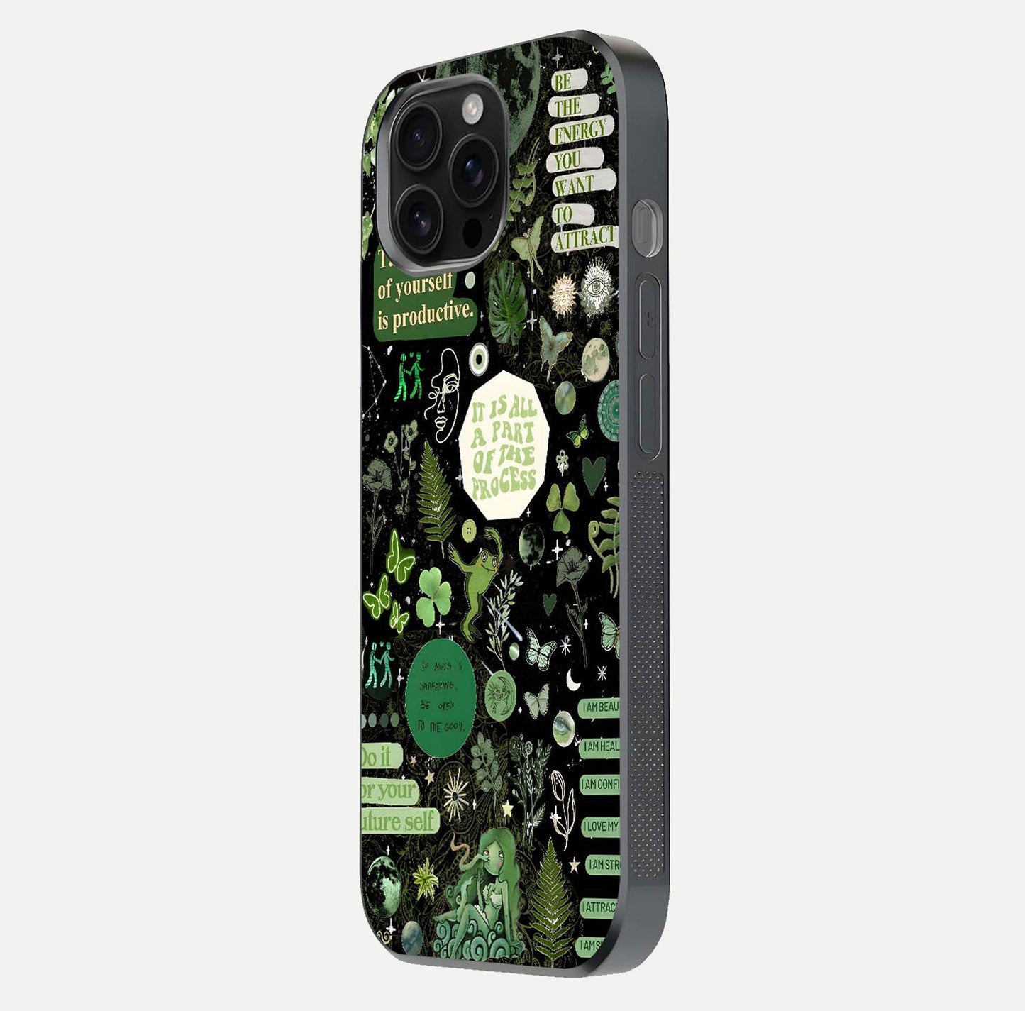 Green Moon Energy Glass Case for iPhone 16 Pro Max side-angle image showing reflection brilliance and curved finish