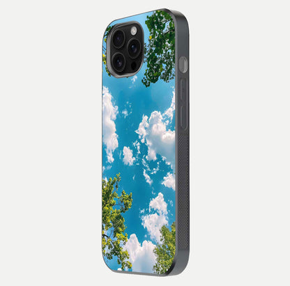 Greenery Sky Glass Case for iPhone 16 Pro Max side-angle image showing reflection glow and nature-themed pattern