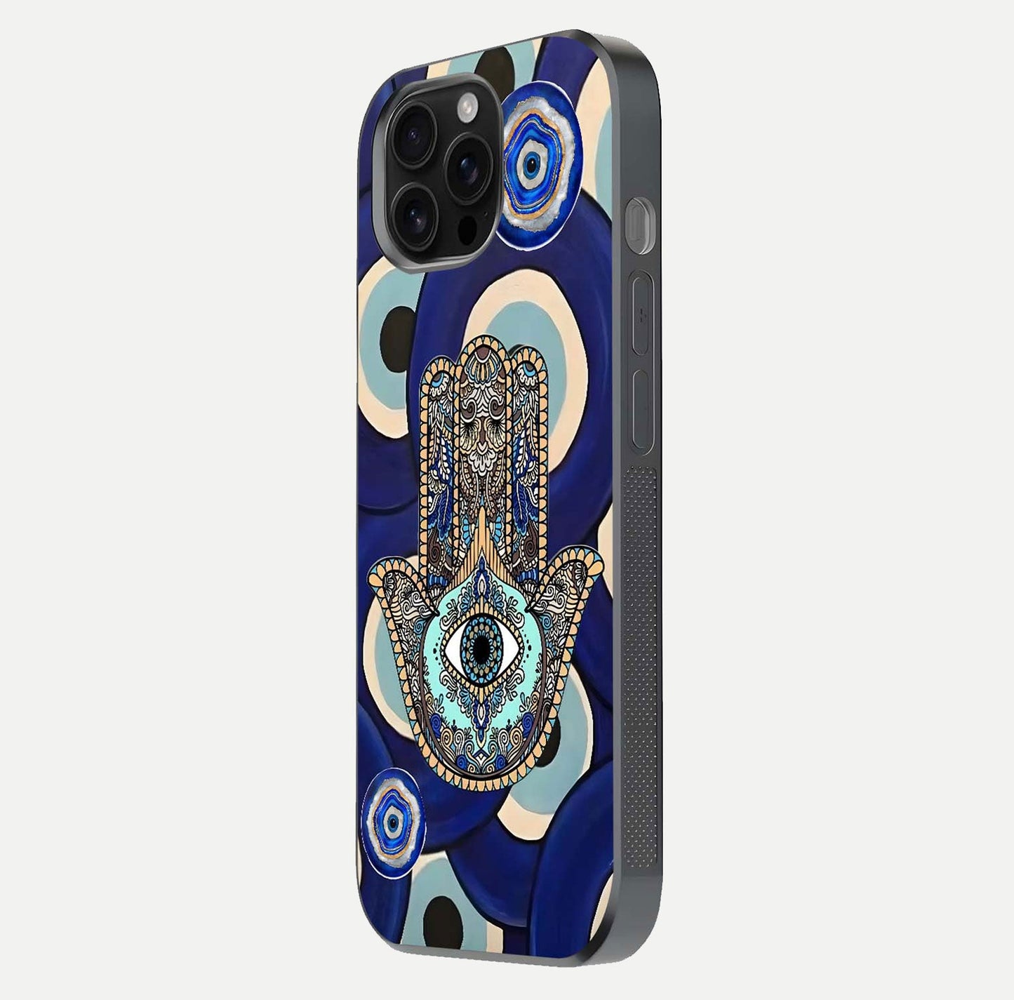 Hamsa Divine Guard Glass Case for iPhone 16 Pro Max side-angle image showing reflection brilliance and protective design