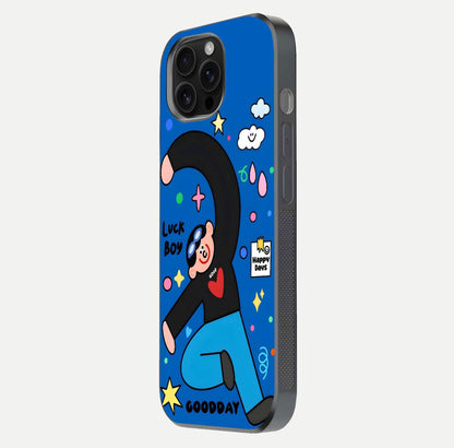 Happy Luck Vibe Glass Case for iPhone 16 Pro Max side-angle image showing reflection polish and vivid charm design