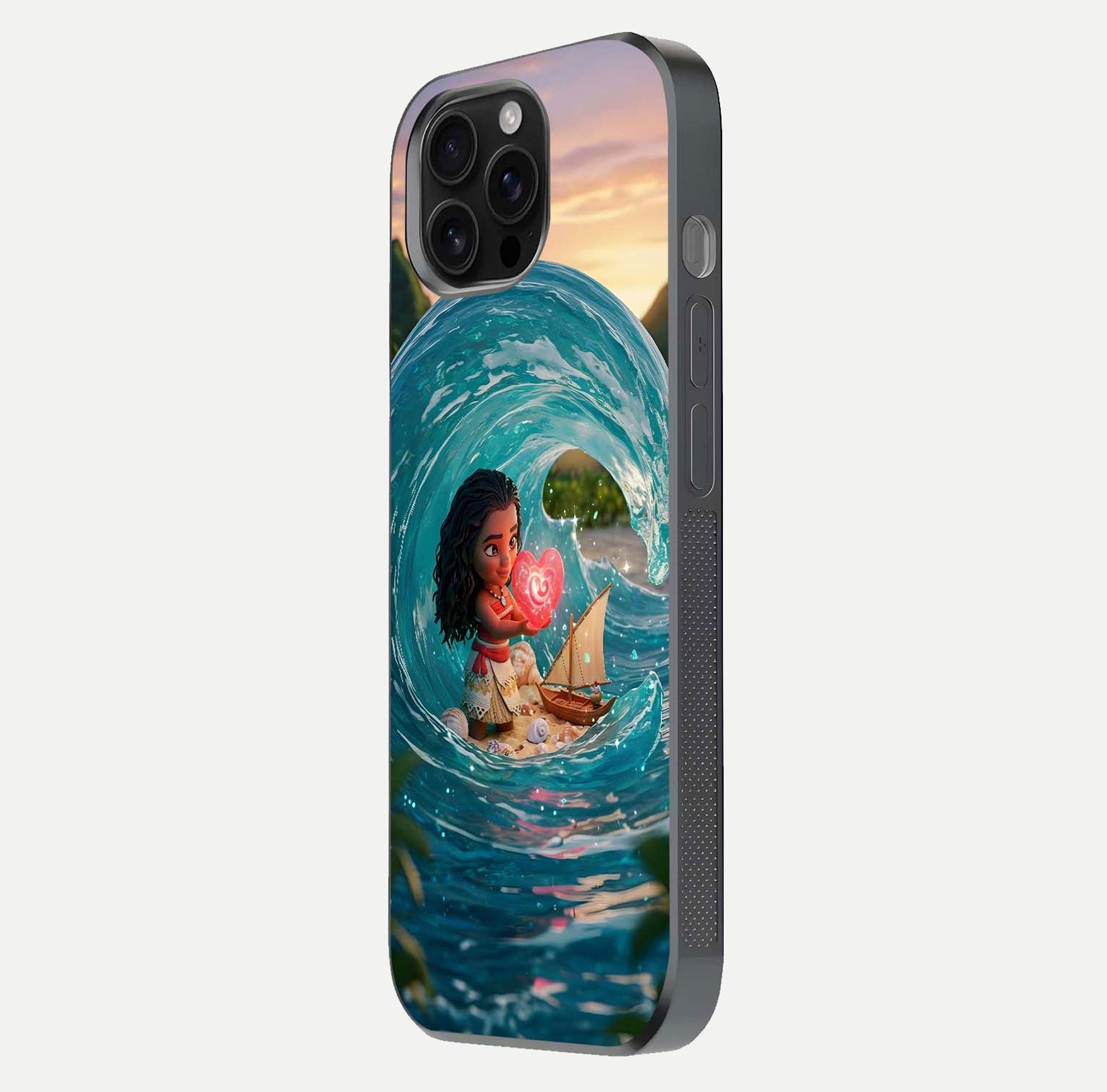 Heart of Ocean Glass Case for iPhone 16 Pro Max side-angle image showing reflection clarity and deep ocean texture