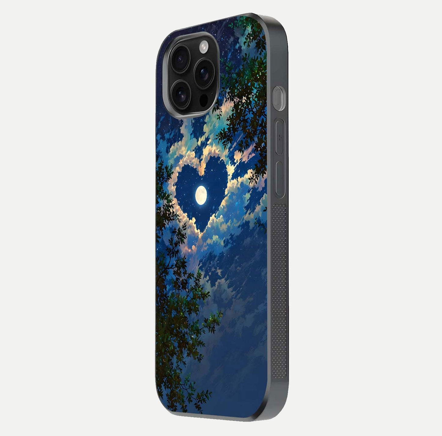Heart with Moon Sky Glass Case for iPhone 16 Pro Max side-angle image showing reflection brightness and soft tone finish