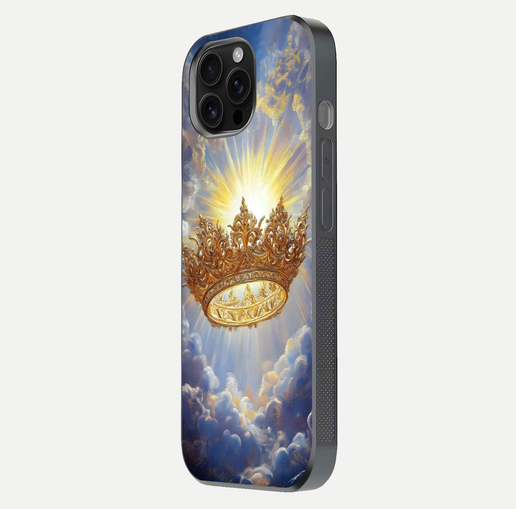 Heavenly Crown Light Glass Case for iPhone 16 Pro Max side-angle image showing reflection brilliance and elegant divine art