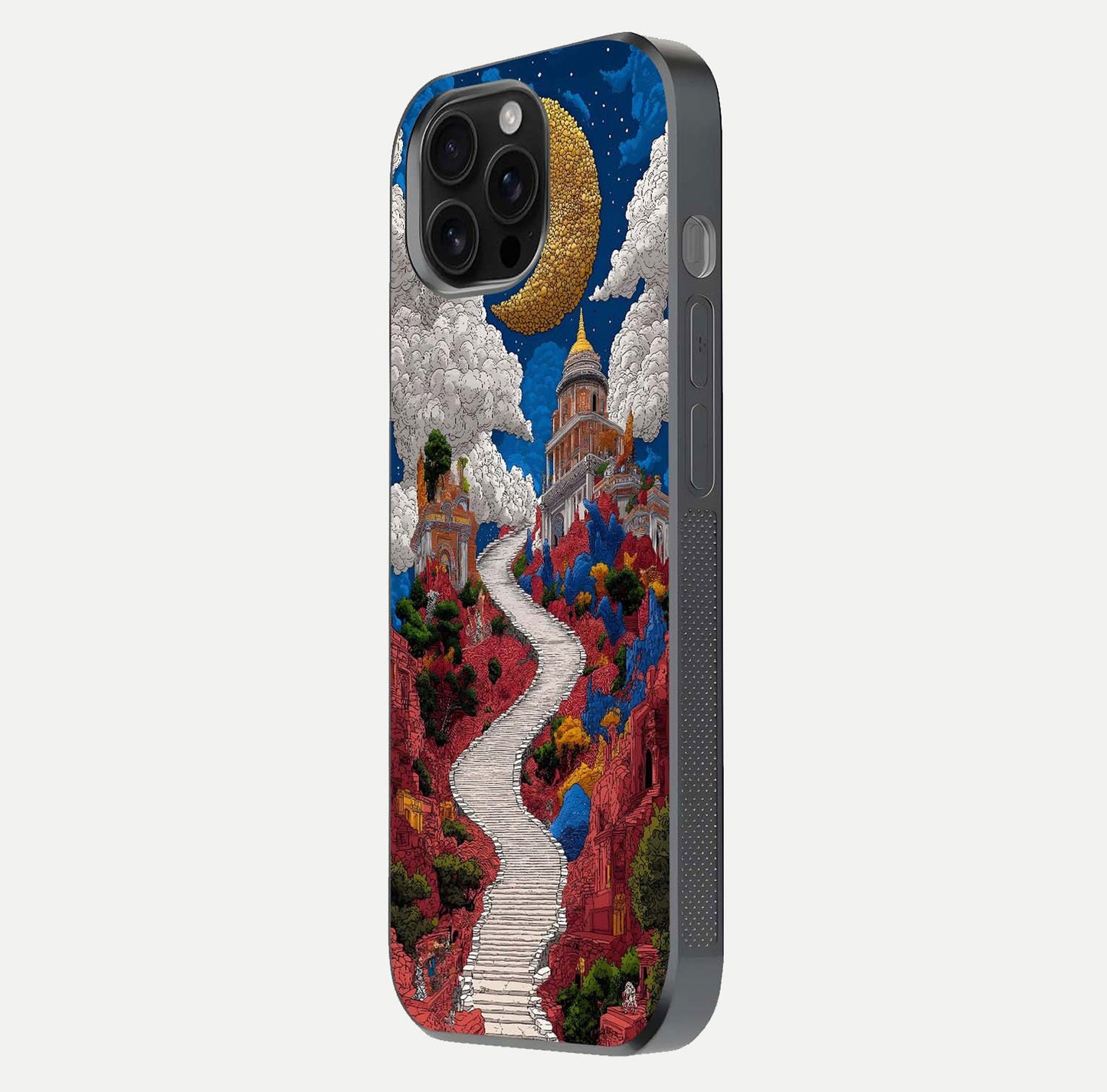 Heavenly Moon Path Glass Case for iPhone 16 Pro Max side-angle image showing reflection clarity and serene moon glow