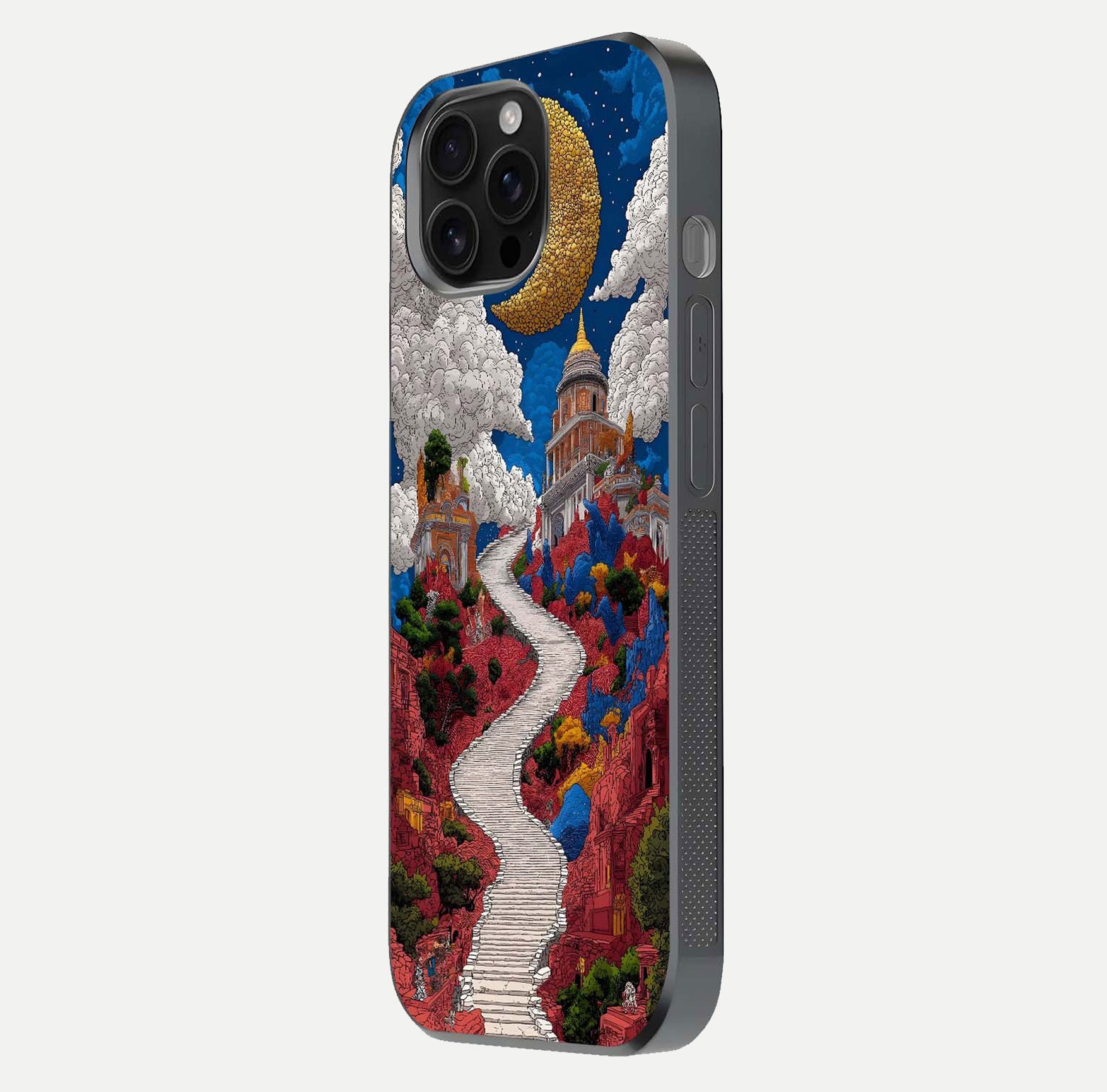 Heavenly Moon Path Glass Case for iPhone 16 Pro Max side-angle image showing reflection clarity and serene moon glow