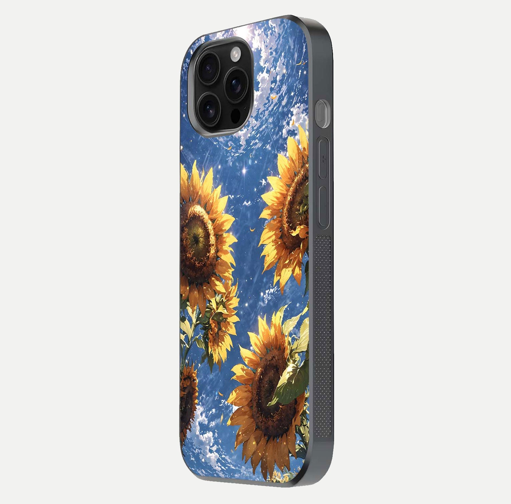 Heavenly Sunflower Rise Glass Case for iPhone 16 Pro Max side-angle image showing reflection glow and soft yellow tone
