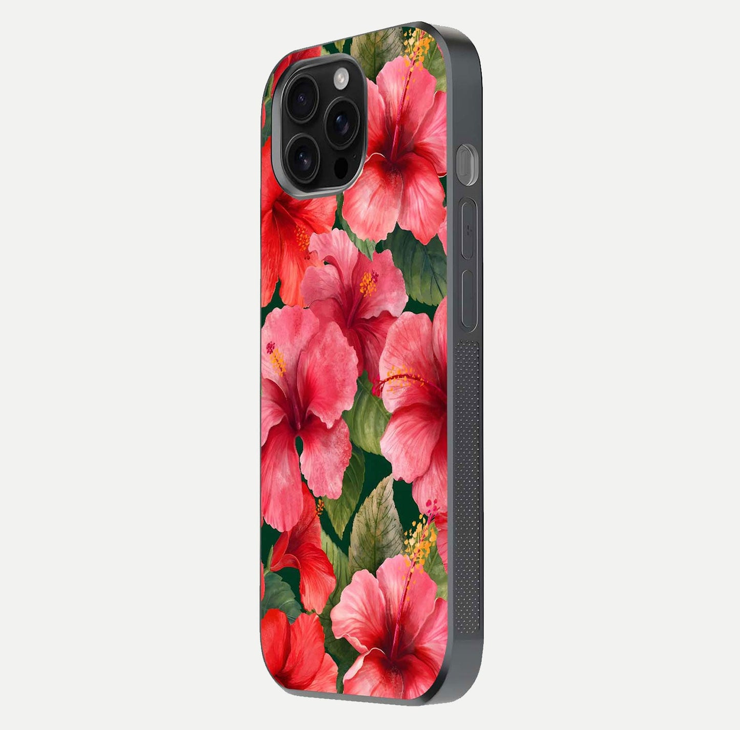Hibiscus Pattern Glass Case for iPhone 16 Pro Max side-angle image showing reflection brightness and floral detailing