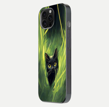 Hidden Cat Whisper Glass Case for iPhone 16 Pro Max side-angle image showing reflection glow and subtle artistic texture
