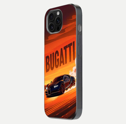 Inferno Bugatti Storm Glass Case for iPhone 16 Pro Max side-angle image showing reflection glow and vibrant red tones