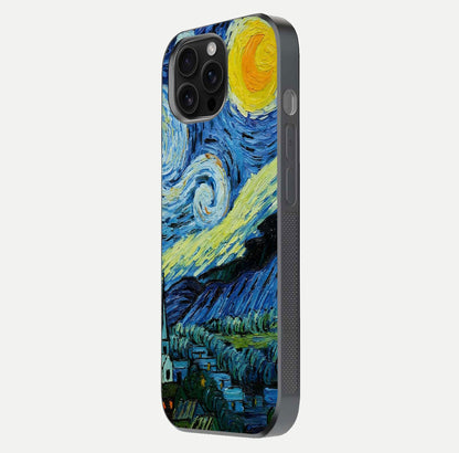 Inspired Van Gogh Art Glass Case for iPhone 16 Pro Max side-angle image showing reflection brilliance and painted surface look