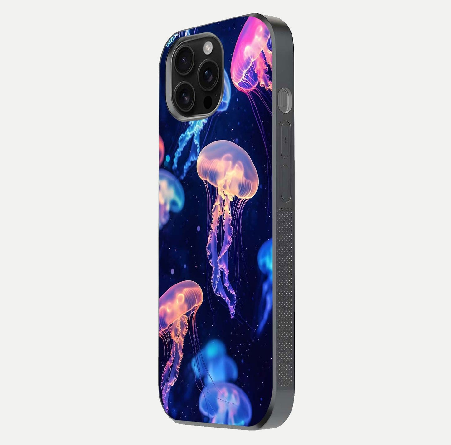 Jellyfish Pattern Glass Case for iPhone 16 Pro Max side-angle image showing reflection glow and soft water-blue gradient