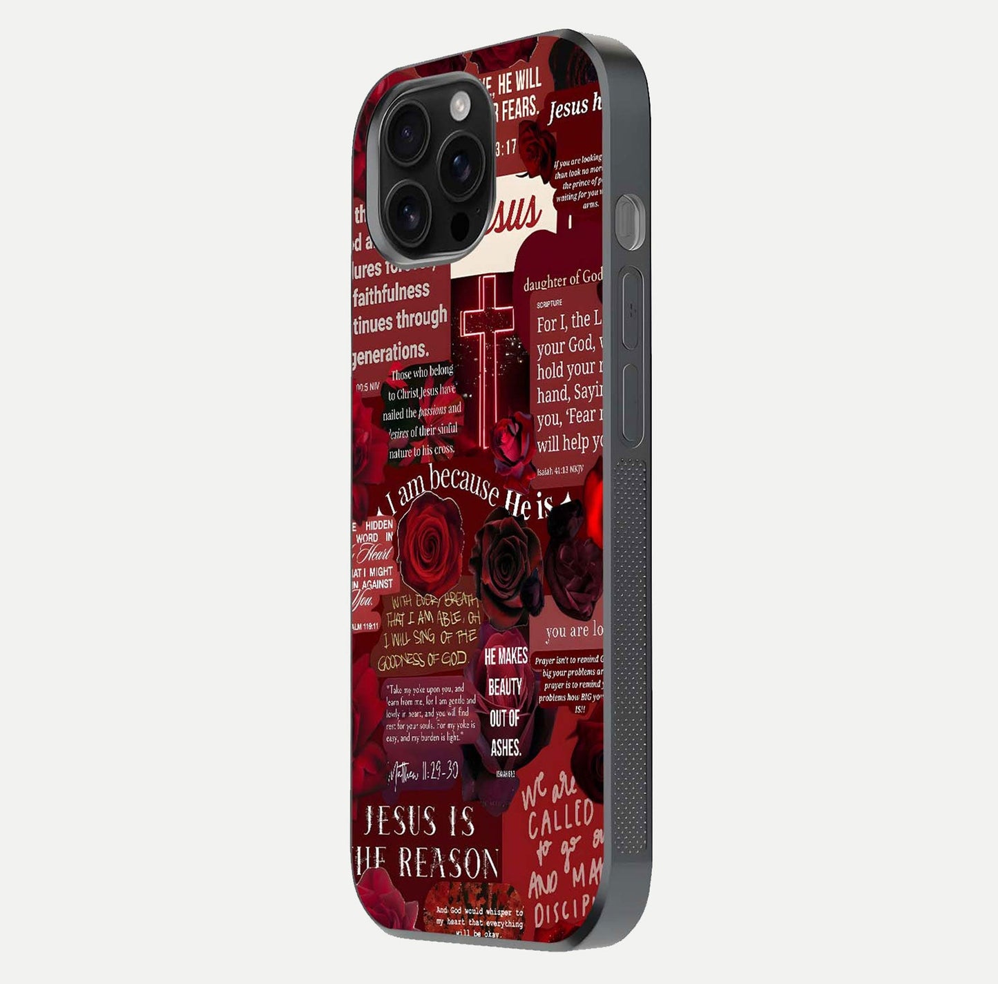 Jesus Love Heals Glass Case for iPhone 16 Pro Max side-angle image highlighting gloss depth and spiritual aura