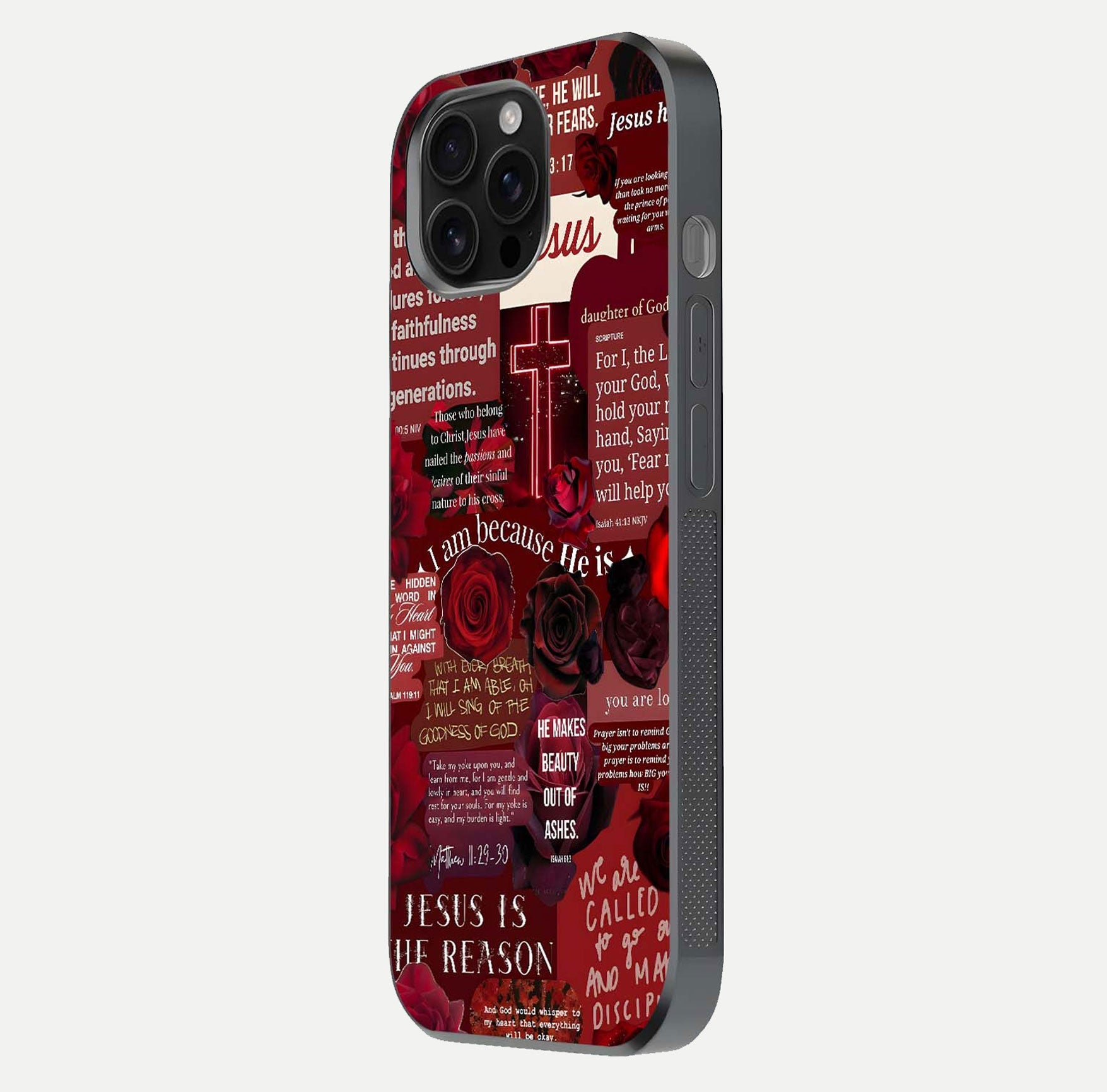 Jesus Love Heals Glass Case for iPhone 16 Pro Max side-angle image highlighting gloss depth and spiritual aura