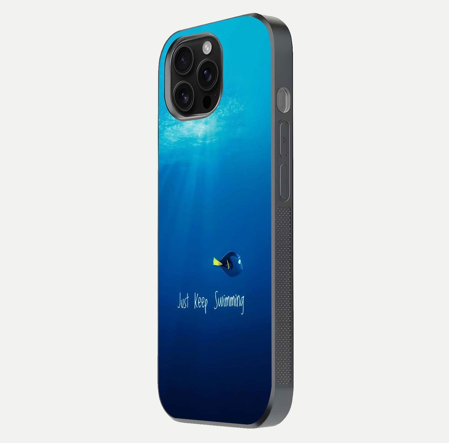 Just Keep Swimming Glass Case for iPhone 16 Pro Max side-angle image highlighting reflective surface and positive quote