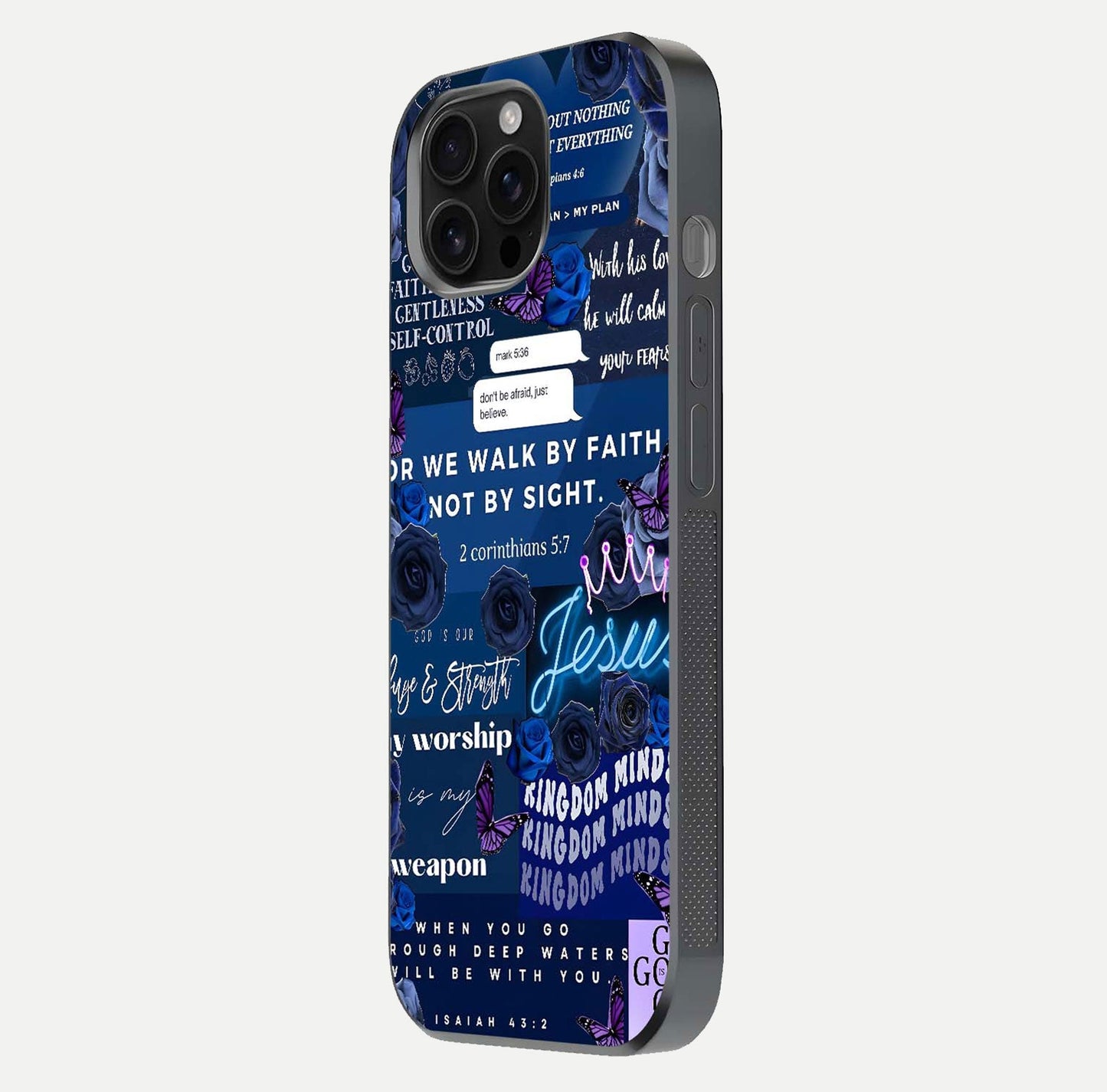 Kingdom Faith Glow Glass Case for iPhone 16 Pro Max side-angle image with reflective cross and faith glow