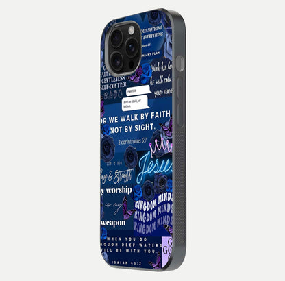Kingdom Faith Glow Glass Case for iPhone 16 Pro Max side-angle image with reflective cross and faith glow