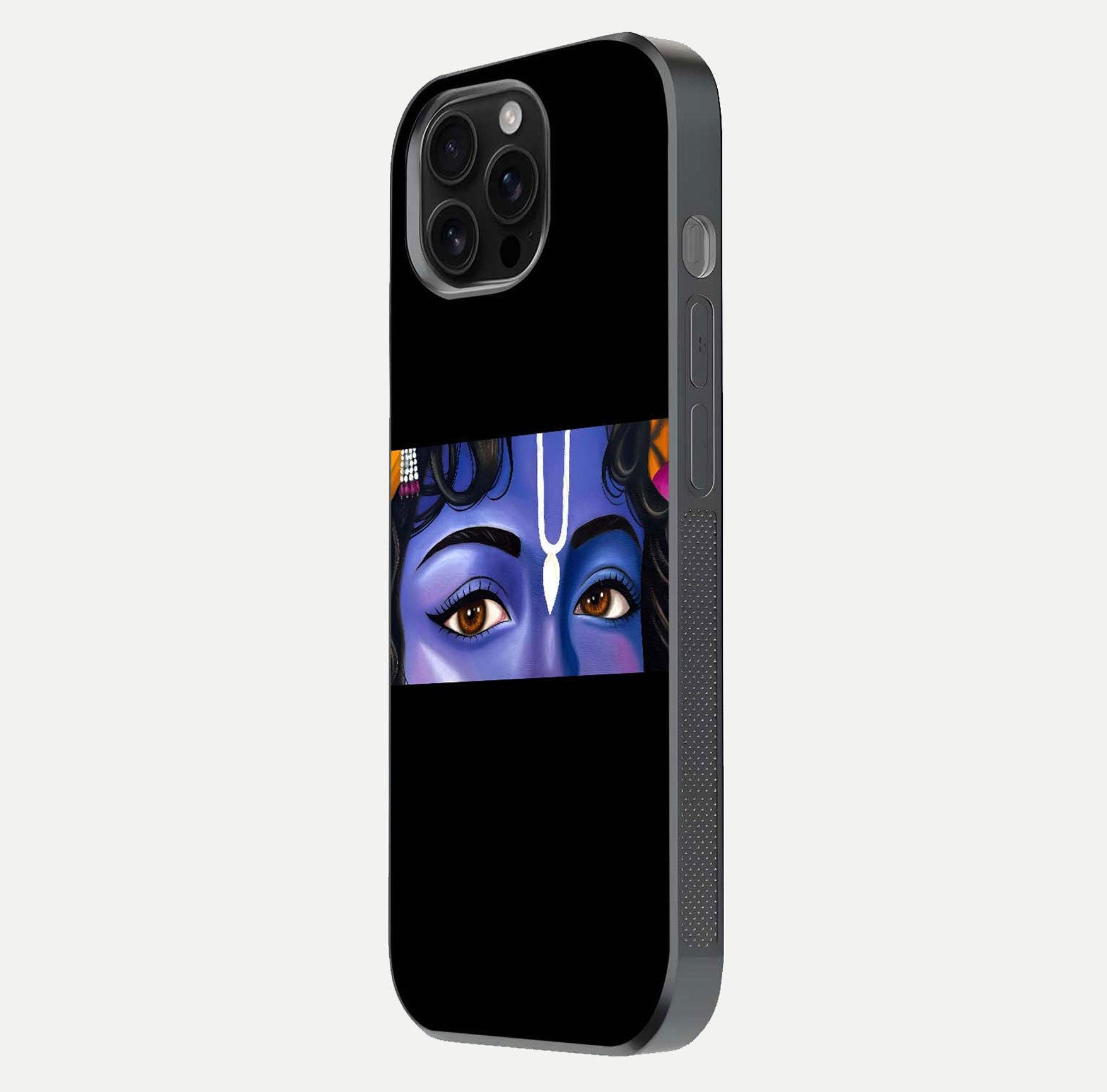 Krishna Eye Glass Case for iPhone 16 Pro Max side-angle image showing reflection clarity and Krishna symbol design