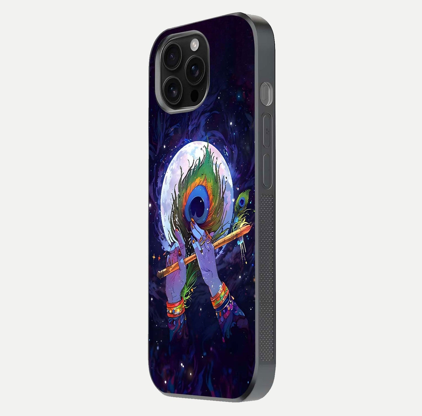 Krishna Hands Art Glass Case for iPhone 16 Pro Max side-angle image highlighting reflection brightness and vivid print