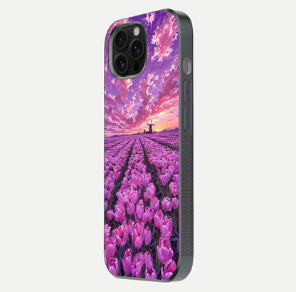 Lavender Dream Skies Glass Case for iPhone 16 Pro Max side-angle image showing reflection depth and serene tones