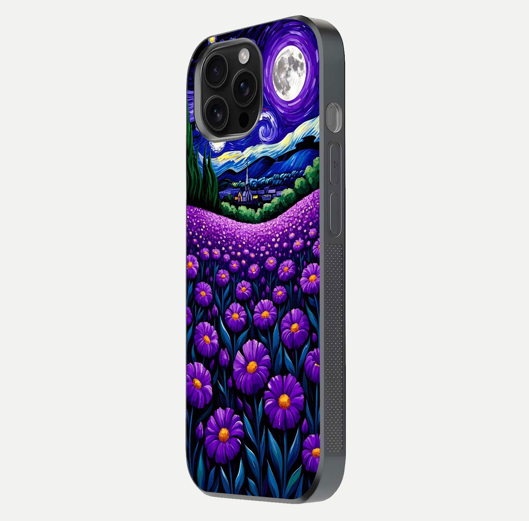Lavender Moon Field Glass Case for iPhone 16 Pro Max side-angle image showing HD reflection and moonlit lavender art