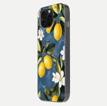 Lemon Dream Garden Glass Case for iPhone 16 Pro Max side-angle image showing reflection clarity and artistic fruit design