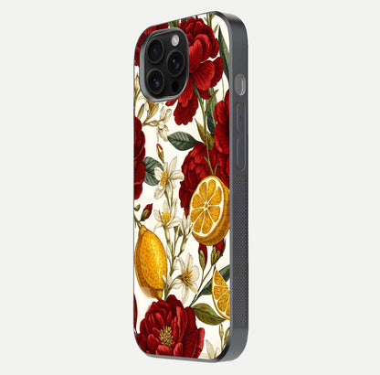 Lemon Rose Charm Glass Case for iPhone 16 Pro Max side-angle image revealing reflection depth and vibrant flower art