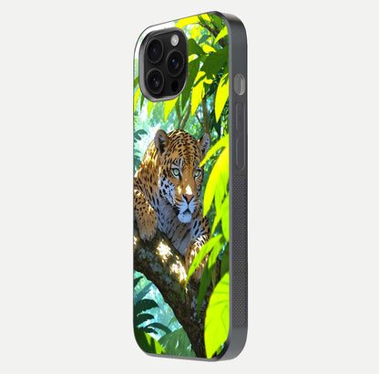 Leopard in Jungle Glass Case for iPhone 16 Pro Max side-angle shot emphasizing contrast and fierce design clarity