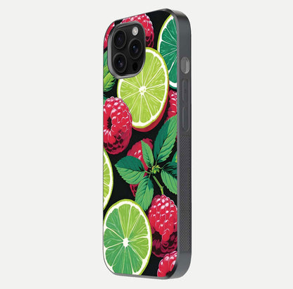 Lime and Raspberry Pattern Glass Case for iPhone 16 Pro Max side-angle view revealing colorful fruit artwork details